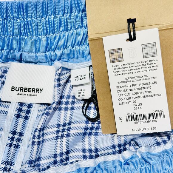 Burberry High Waist Pull On Shorts Size 4 Blue Check Print 100% Silk NWT $820 - Picture 8 of 13